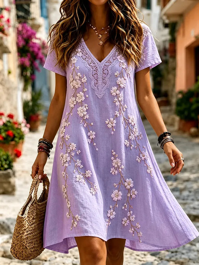 Women'S Plant Flower Art Linen Blended V-Neck Mini Dress