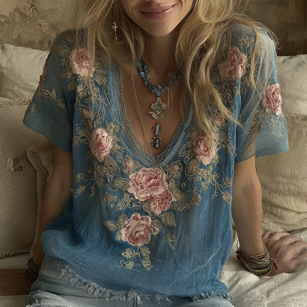 Women's Rose Floral Embroidered Casual V-neck T-shirt