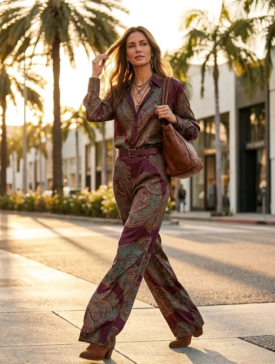 Paisley Print Satin Long Sleeve Shirt & Wide Leg Pants Set