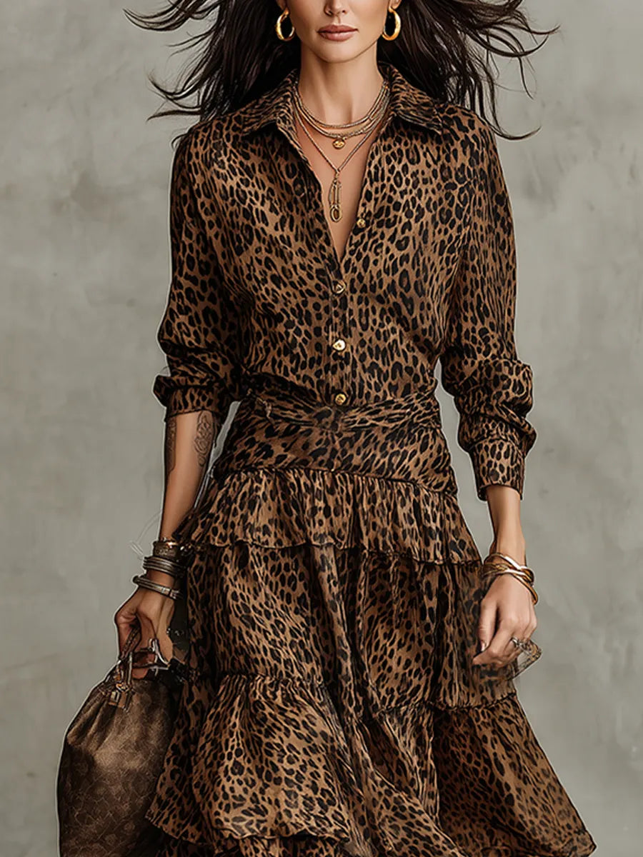 Bohemian Leopard Print Shirt And Layered Ruffle Skirt Set