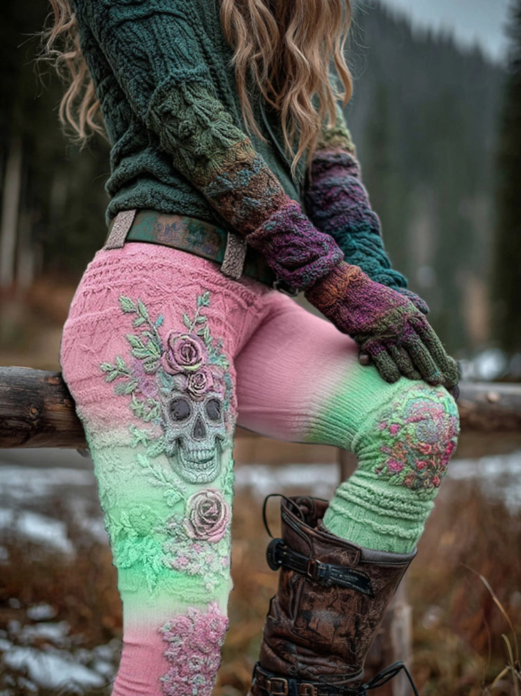 Women's Vintage Viking Skull And Rose Gradient Art Knit Leggings
