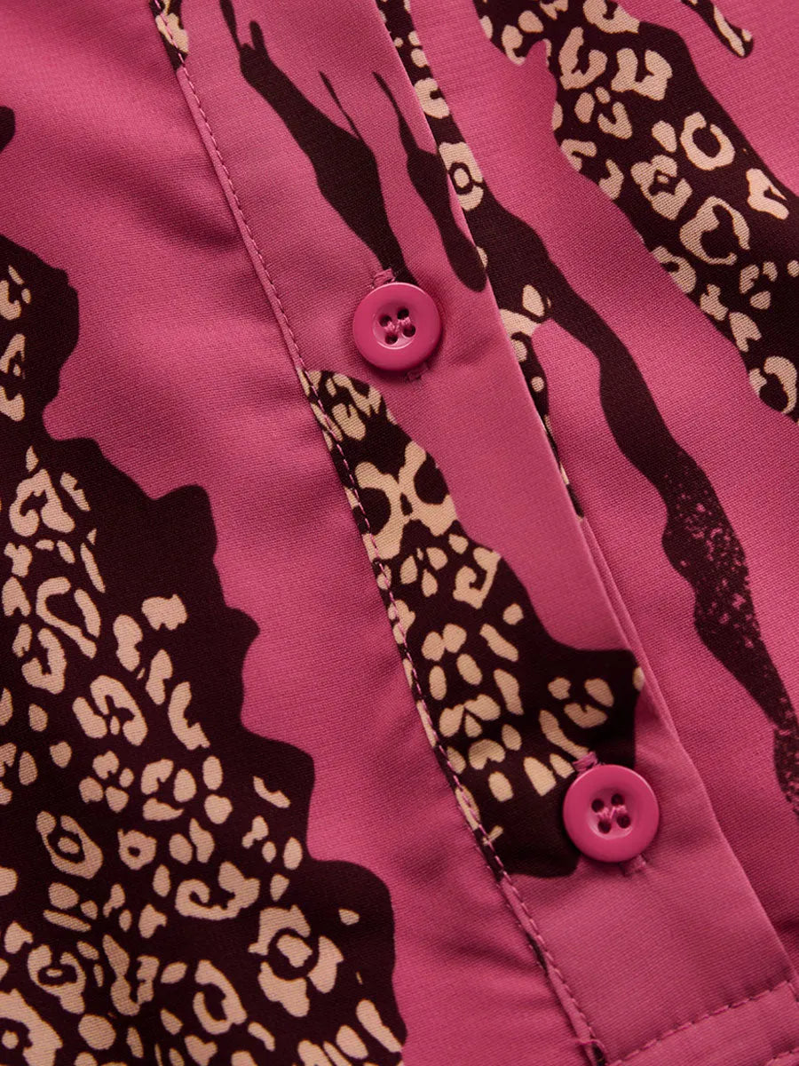Casual Loose Rose Red Chiffon Leopard Print Long-Sleeved Jumpsuit