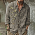 Men's Vintage Japanese Bamboo Embroidery Art Long Sleeve Linen Blend Shirt