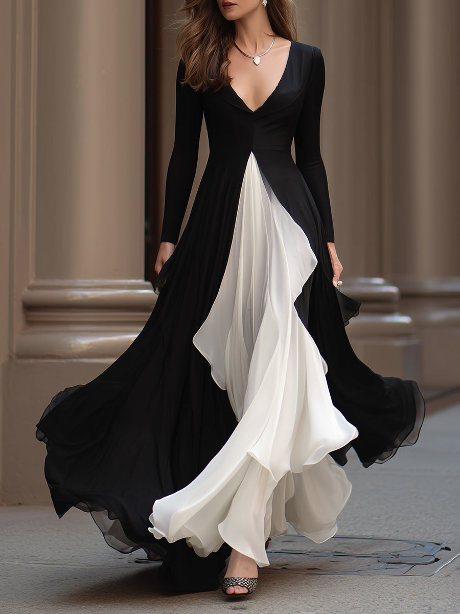 Monochrome Flowing Evening Gown With Contrast Panels