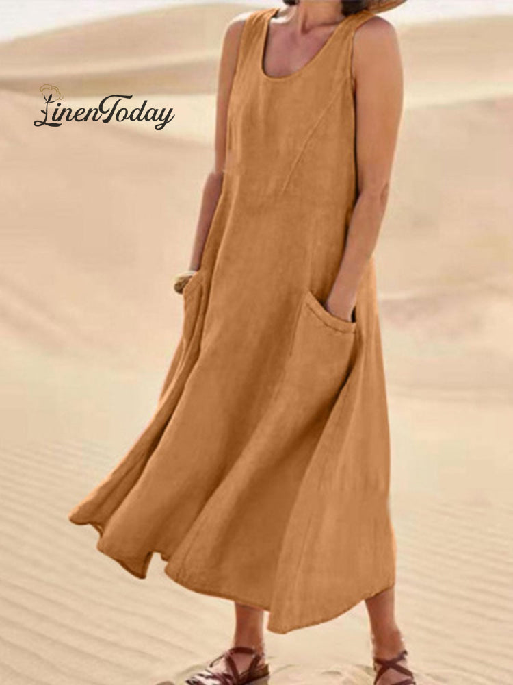 Women Sleeveless Sundress Elegant Round Neck Cotton Linen Solid Long Tank Casual Summer Dress