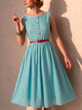 Midi Cotton Dress, Sleeveless, Boat Neck, Button Design, Vintage, Blue