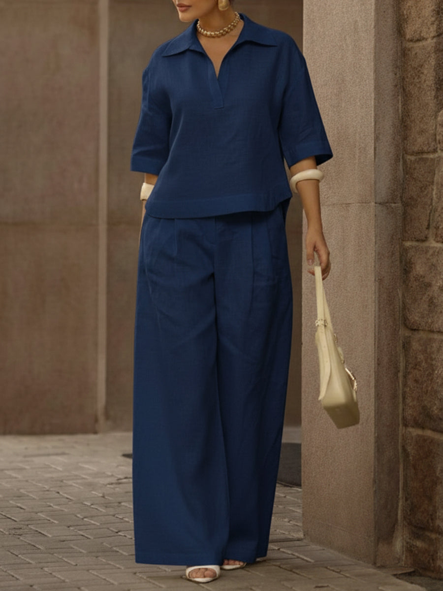 Women's Casual Linen And Cotton Shirt And Wide-leg Pants Two-piece Set