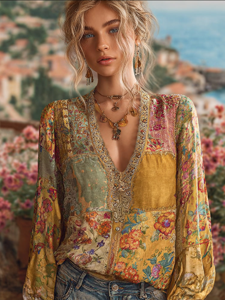 Bohème Patchwork Floral Retro Linen Top