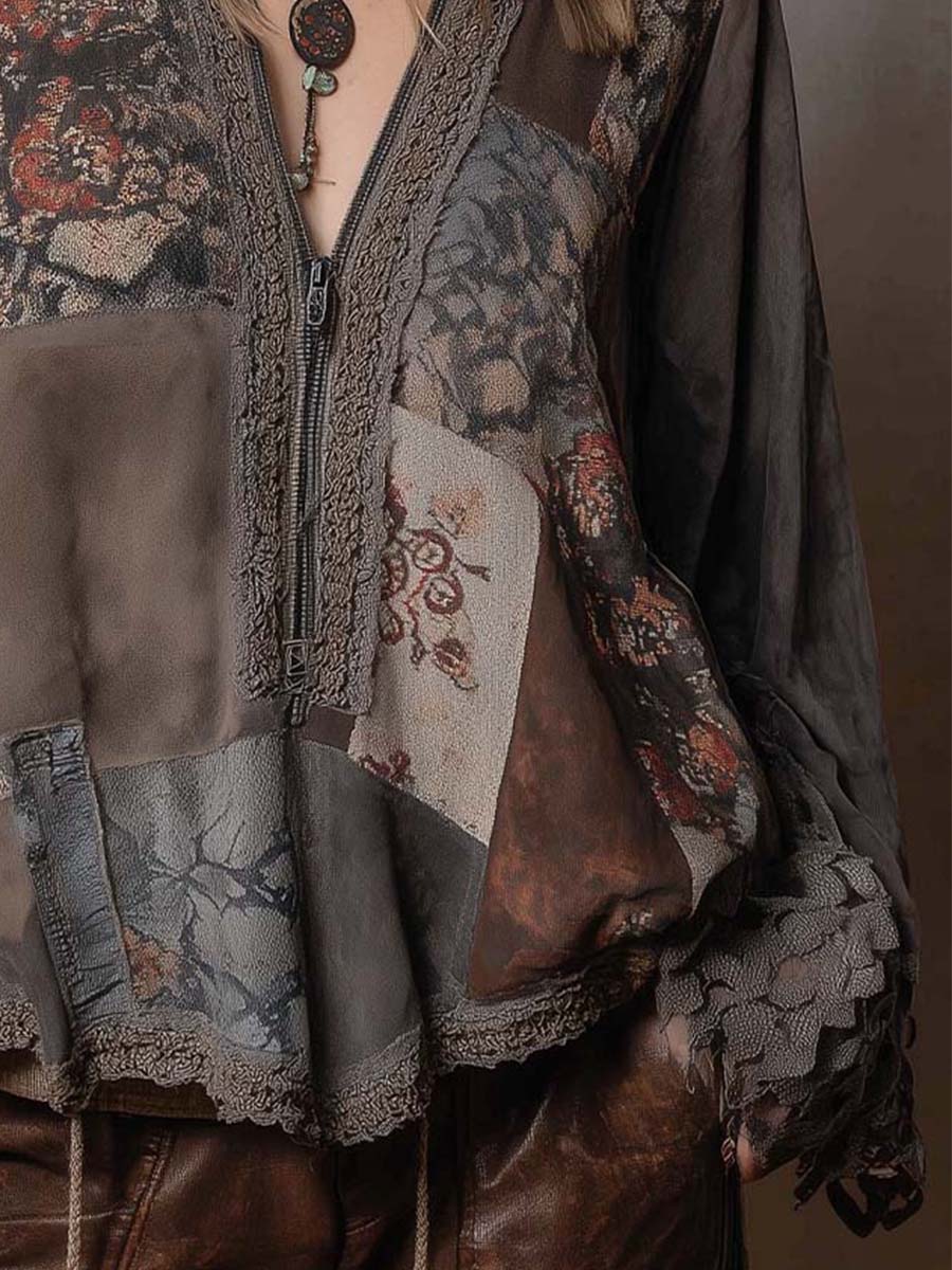 Bohemian Patchwork Eco-Suede Top With Vintage Floral Prints