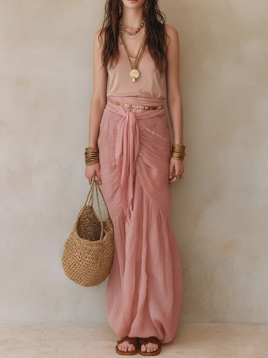 Boho Luxe Ensemble With Deep V Sheer Top & Flowing Pink Skirt ¨C Feminine Resort Style Maxi Skirt