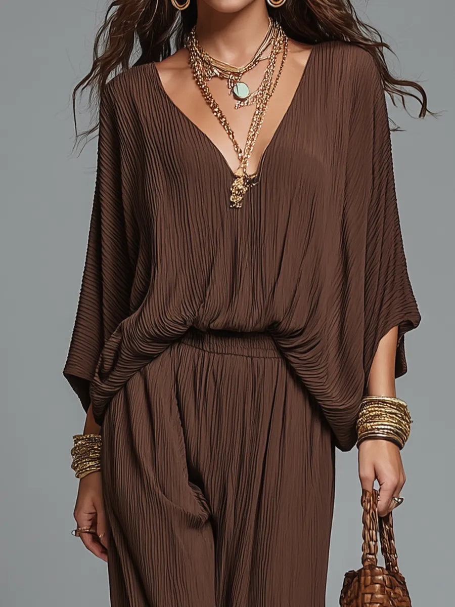 Warm Espresso Textured V-Neck Batwing Sleeve & Harem Trouser Co-ord Set
