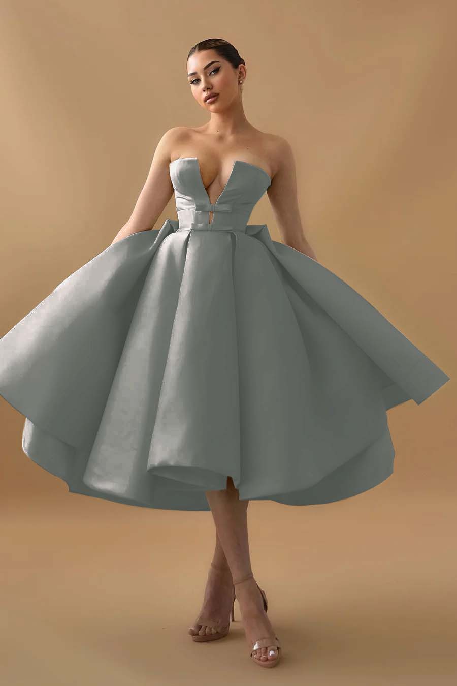 Cocoslly Chic Deep V Neck Strapless Sleeveless A-Line Homecoming Dress With Ruffles And Bow-knot | Mint Green Satin HC0078