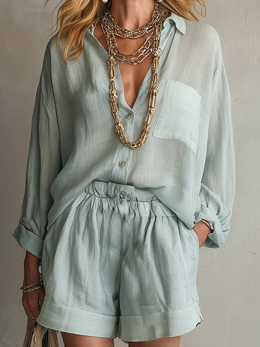Sage Linen Relaxed Shirt Drawstring Shorts Set