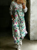Women’s Vintage Floral Art Print Casual One Piece Denim Jumpsuit