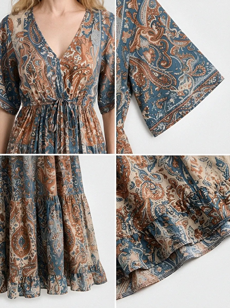 Women's Bohemian V-Neck Paisley Floral Printed Maxi Dress