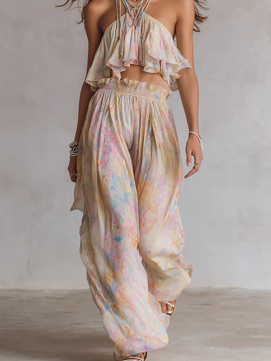 Bohemian Style Halter Neck Crop Top And Wide-leg Pants Set