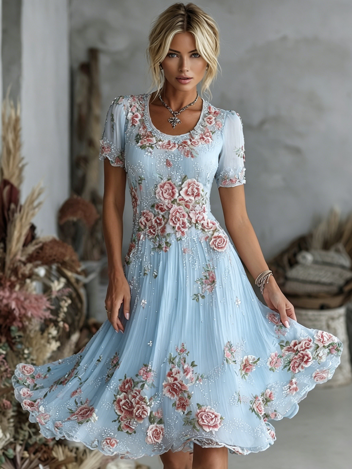 Women's Vintage Floral Art Pattern Crew Neck Short Sleeve Linen Maxi Dress