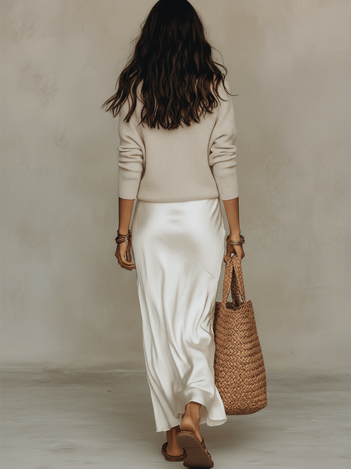 Effortless Ivory Knit & Satin Midi Ensemble