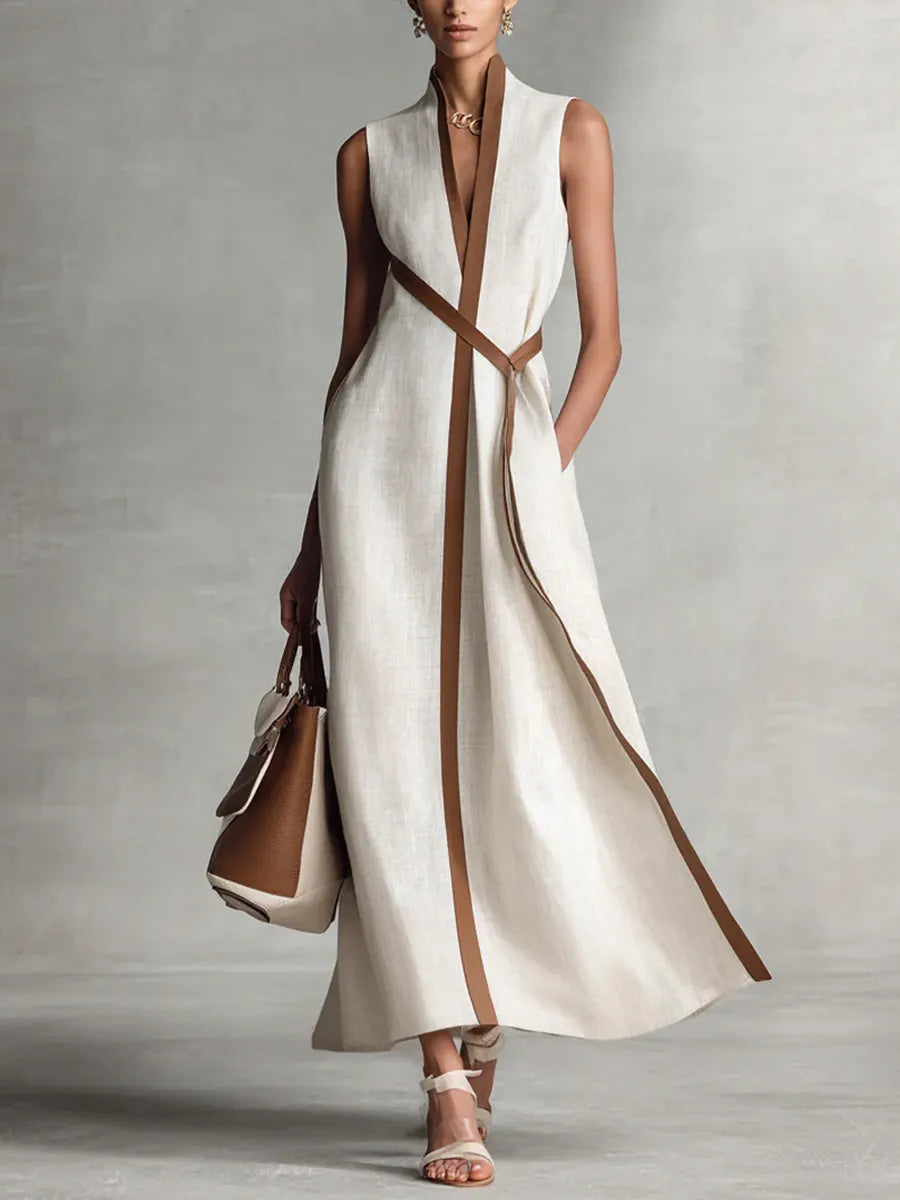 Women’s Stand-Up Collar Sleeveless Casual Loose Cotton and Linen Dress