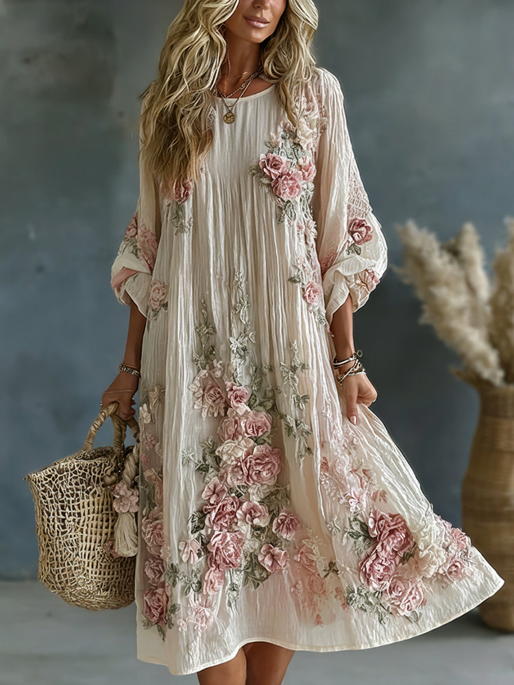Women's Floral Art Flowy Linen Blend Casual Long Sleeve Maxi Dress