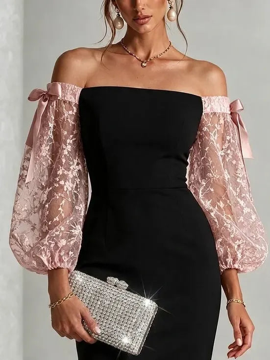 Black Off Shoulder Mini Dress Pink Floral Lace Puff Sleeve Satin Bow Bodycon Party Dress