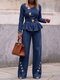 Women's Casual Loose-fit Denim Set: Long-sleeve Crew-neck Top And High-waisted Wide-leg Jeans