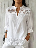 Women Solid Floral Eyelet Lace Stand Collar 3/4 Sleeve Loose Blouse