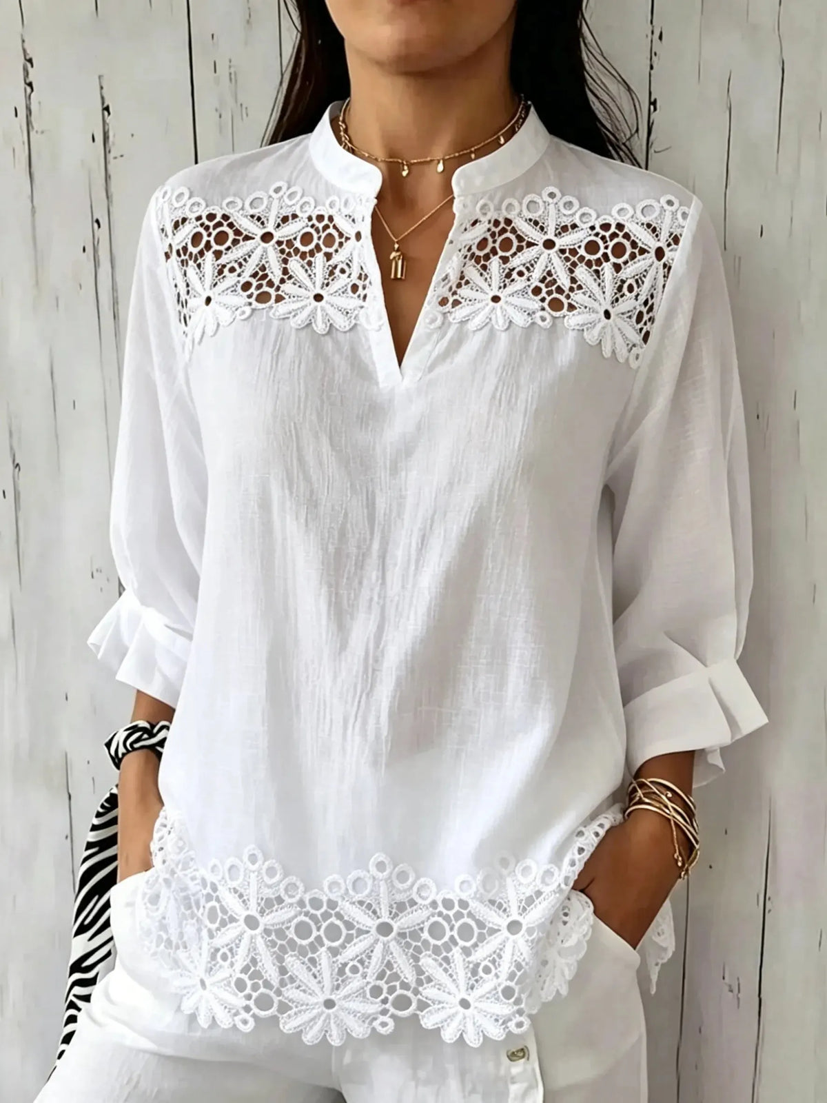 Women Solid Floral Eyelet Lace Stand Collar 3/4 Sleeve Loose Blouse