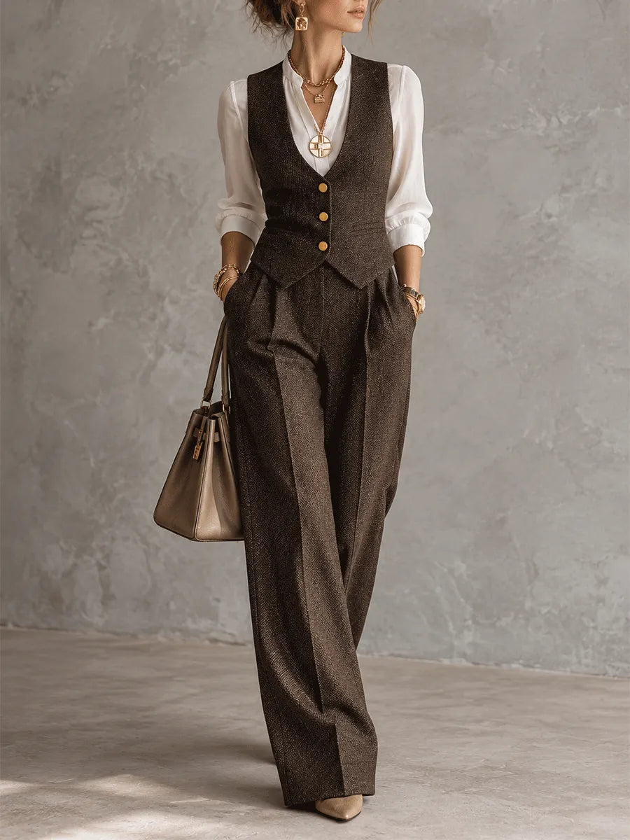 Quiet Luxury Herringbone Wool Fitted Espresso Brown Two-Piece Suit