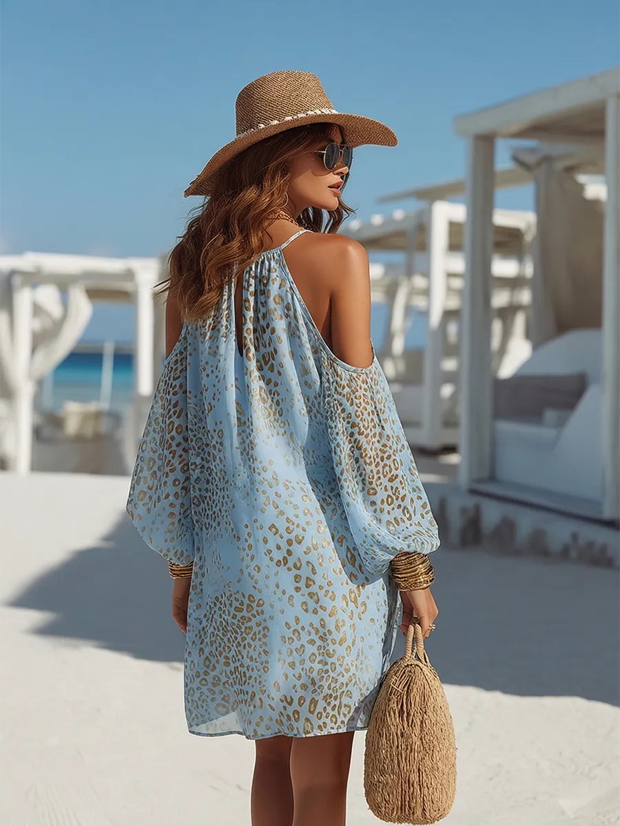 Romantic Bohemian Long-Sleeve Off-Shoulder Leopard Print Blue Chiffon Mini Dress