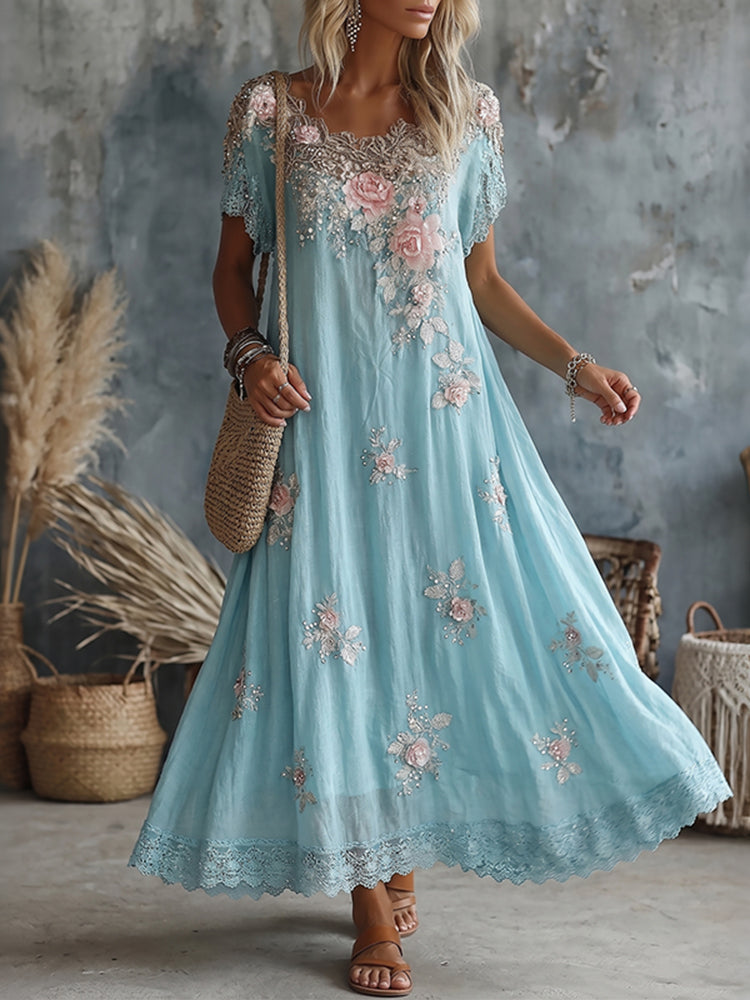 Women's Vintage Rose Floral Art Flowy Linen Blend Casual Dress