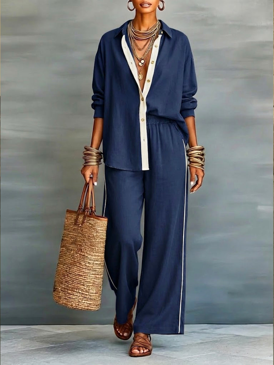 Casual Linen And Cotton Shirt And Wide-leg Pants Two-piece Set