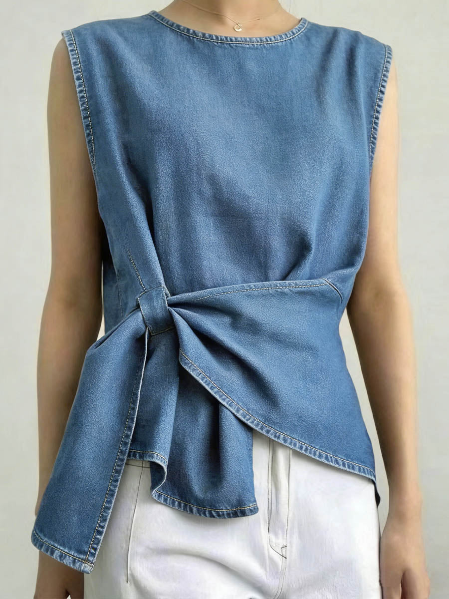 Women's Round Neck Sleeveless Loose-fitting Casual Denim Top