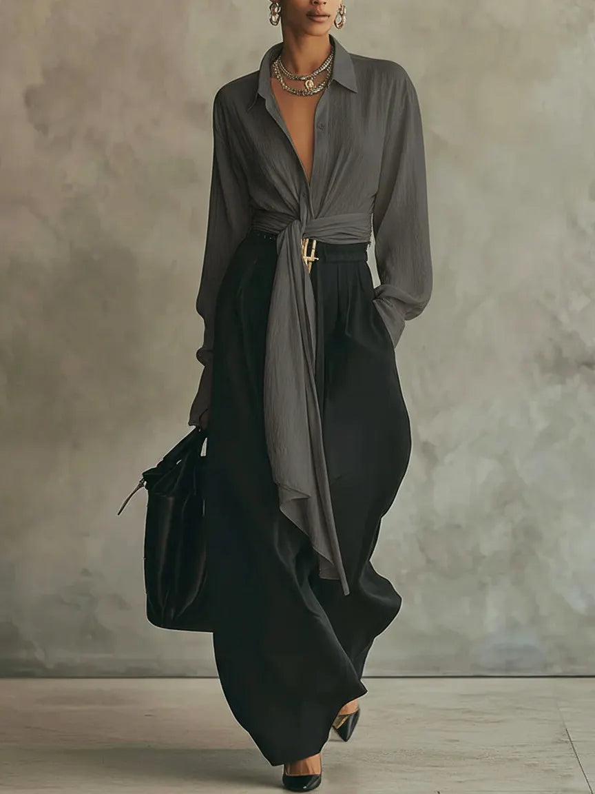 Elegant Minimalist Tie Shirt And Wide-leg Pants Two-piece Set