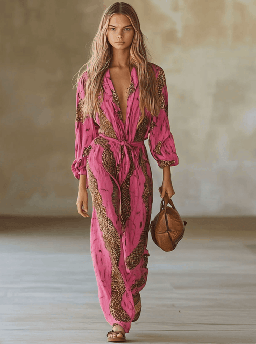 Casual Loose Rose Red Chiffon Leopard Print Long-Sleeved Jumpsuit