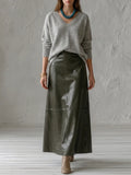 Grey V-Neck Sweater & Olive Maxi Skirt Set