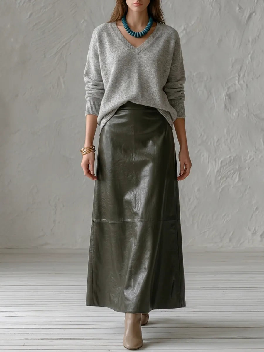 Grey V-Neck Sweater & Olive Maxi Skirt Set