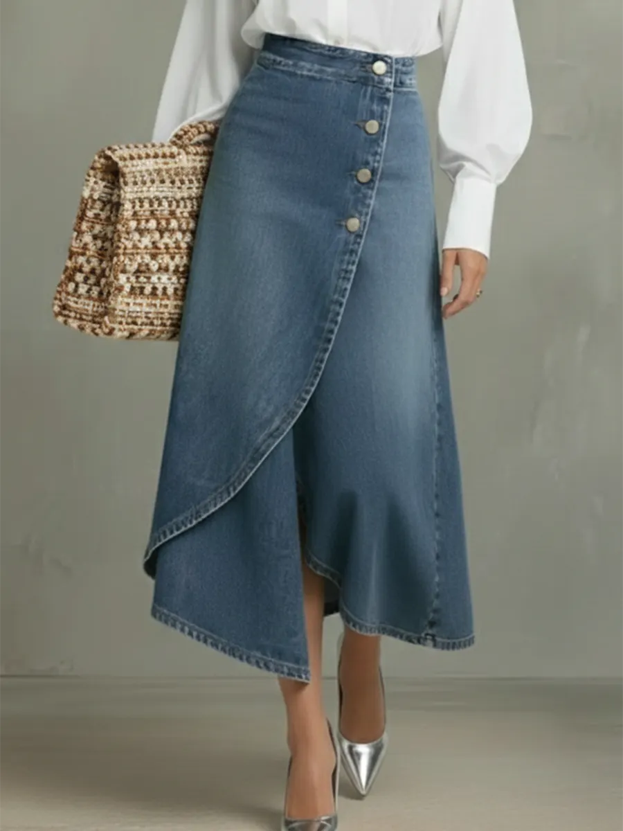 Elegant Wrap-around Irregular Hem Denim Skirt