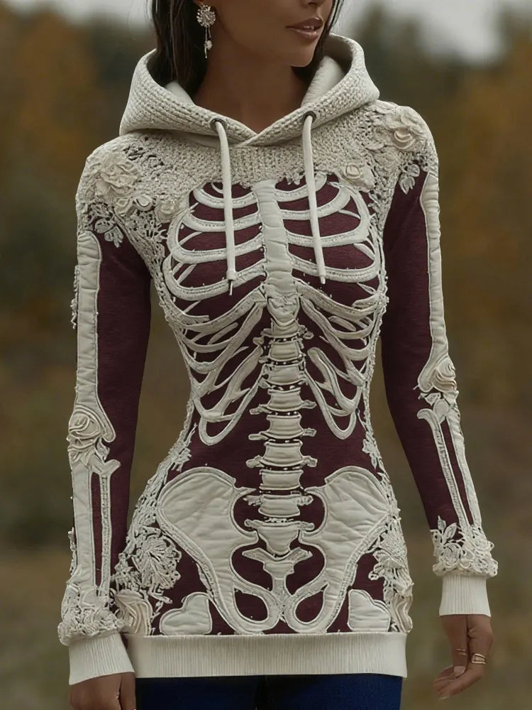 Women's Halloween Skeleton Bones With Roses Art Knitted Warm Hooded Sweater