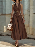 Maxi Cotton Dress, Sleeveless, V Neck, Plain, Belt Design, Vintage, Brown
