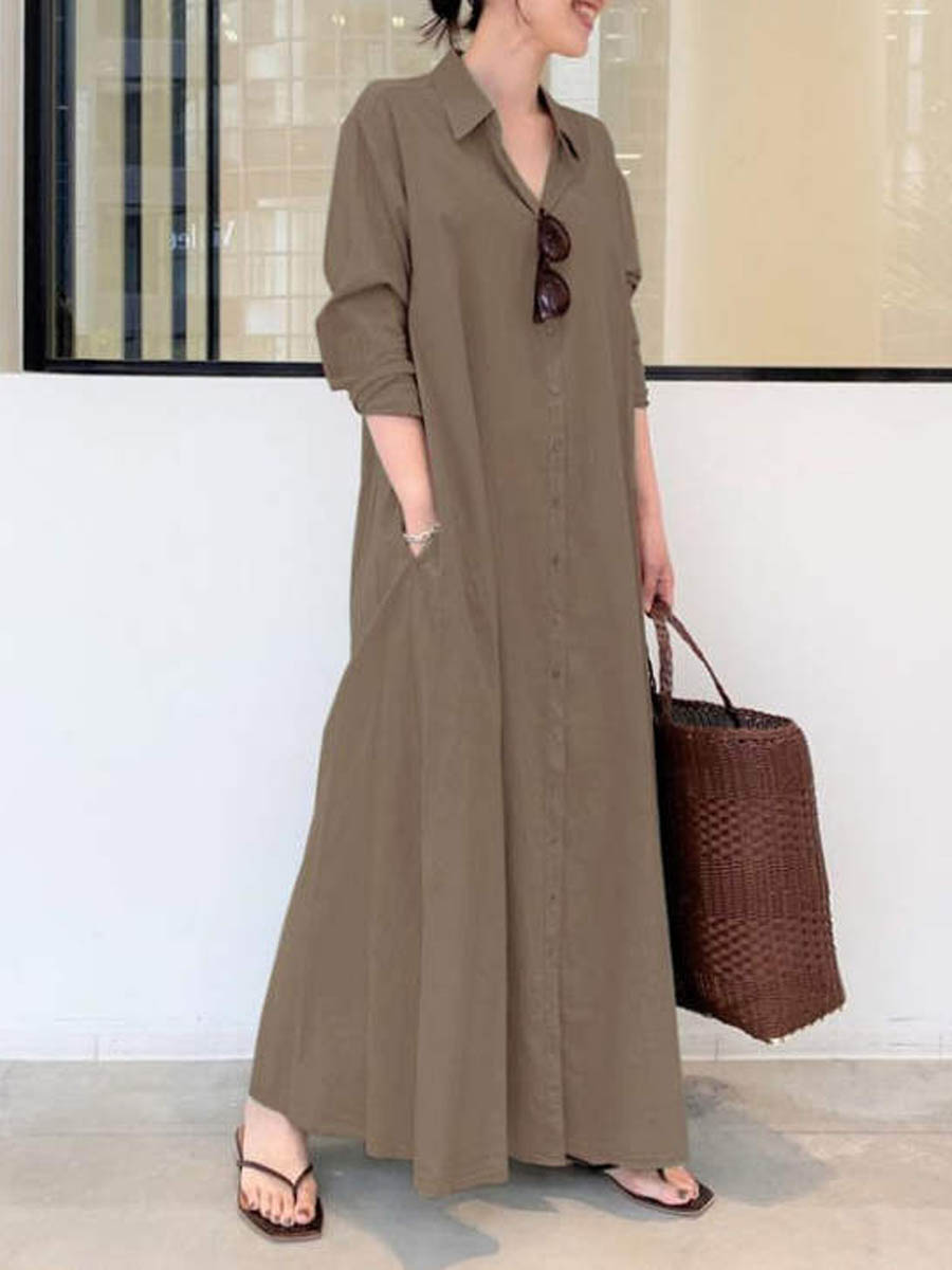 Women's Solid Color Casual Loose Elegant V-Neck Cotton And Linen Pocket Shirt Dress