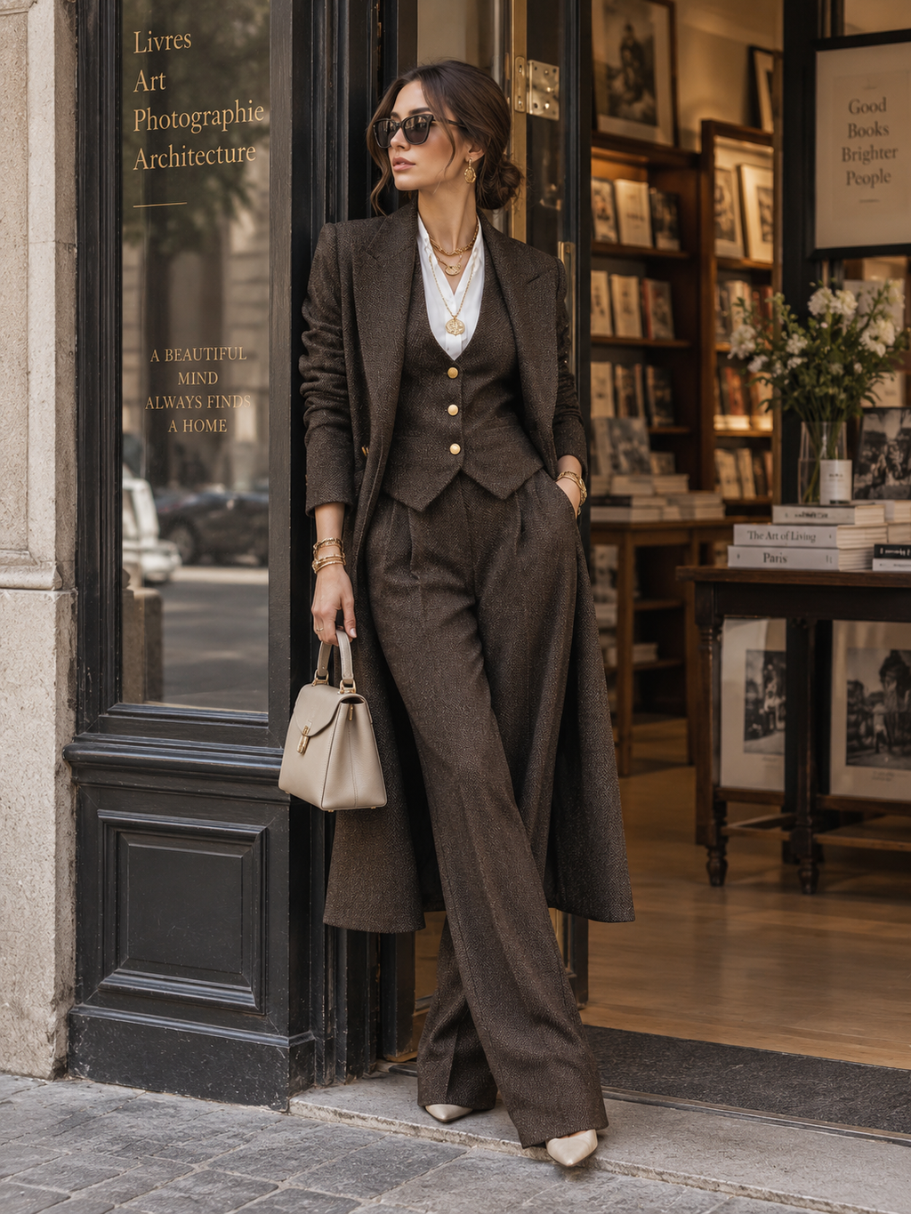 Quiet Luxury Herringbone Wool Fitted Espresso Brown Two-Piece Suit