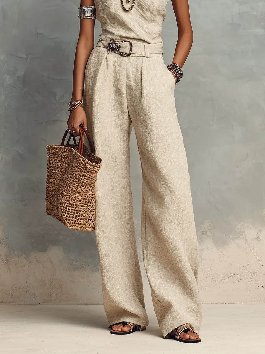 Ivory One-Shoulder Linen Top & Wide-Leg Pants Set ¨C Minimal Resort Elegance Trouser Suit