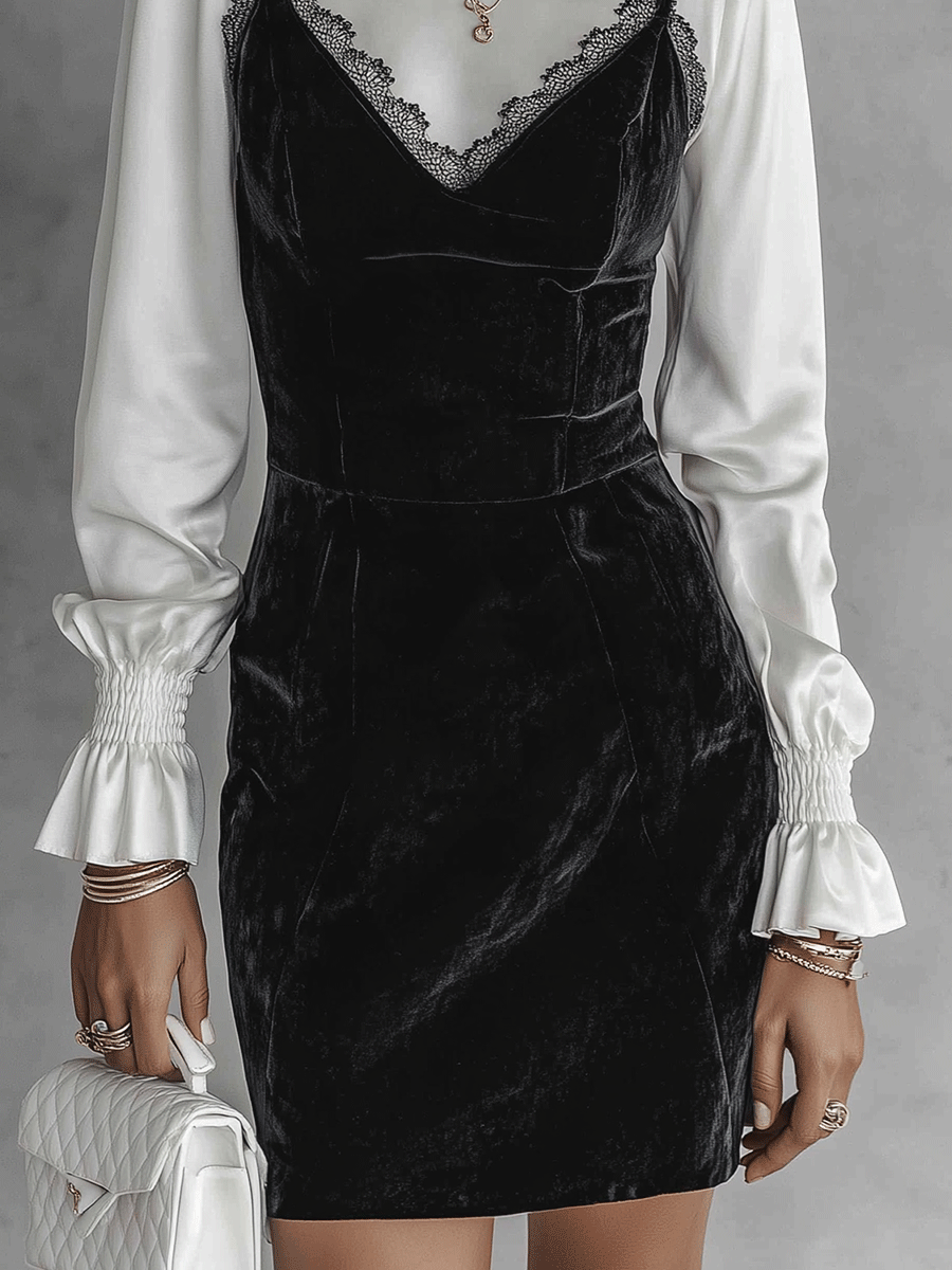Romance Plush Velvet Slim-Fit Jet Black Mini Dress And Shirts