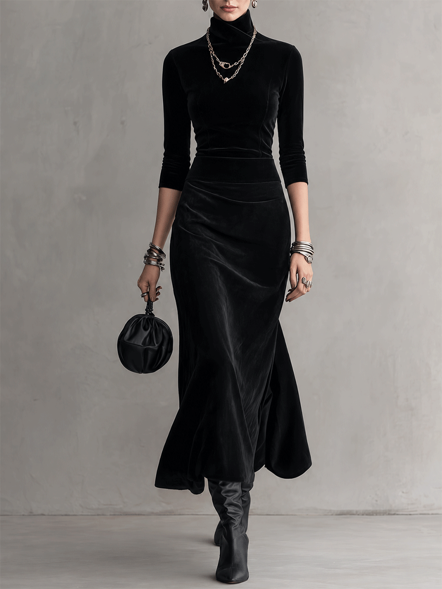 Vintage Luxe Draped Slim-Fit Black Two-Piece Set