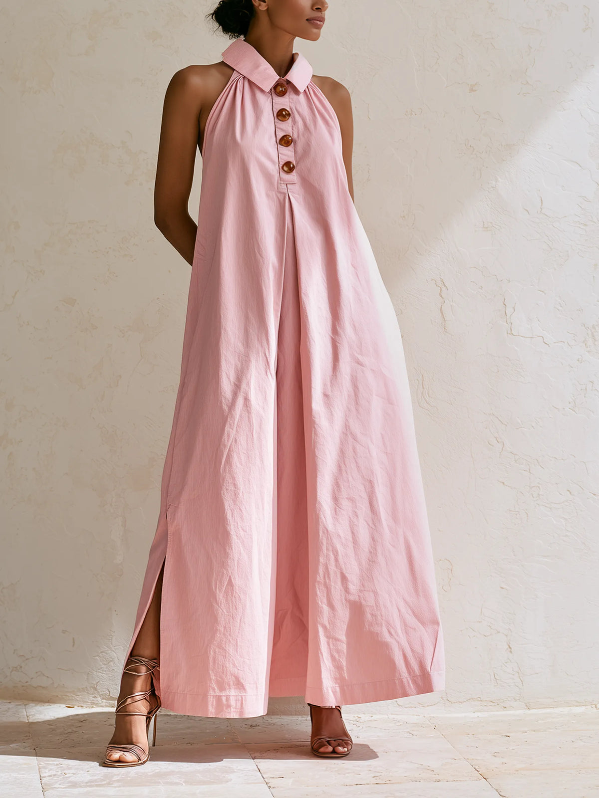 Pink Halter Collar Linen Blend Maxi Dress