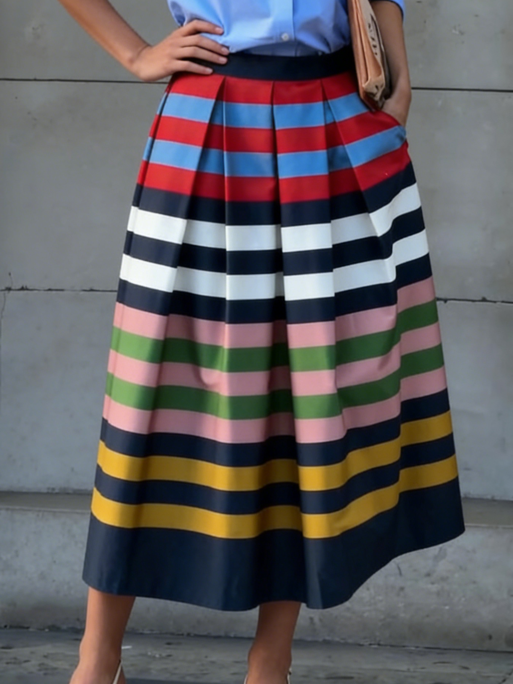 Artistic Colorful Striped Print Pleated Skirt