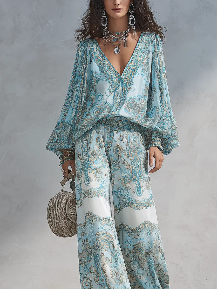Light Blue Paisley Bohemian Style Suit