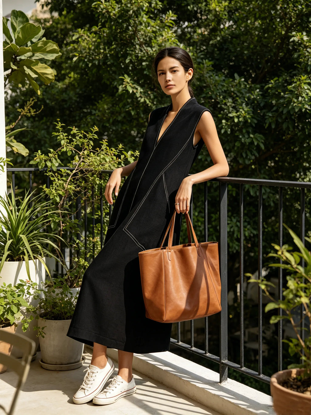 Black Linen-Blend Contrast Stitch Sleeveless Midi Dress