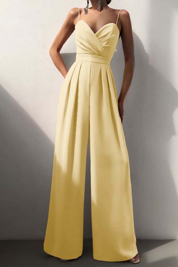 Cocoslly Chic Lilac Sweetheart Spaghetti Strap Sleeveless Pleated Long Wid-Leg Jumpsuit